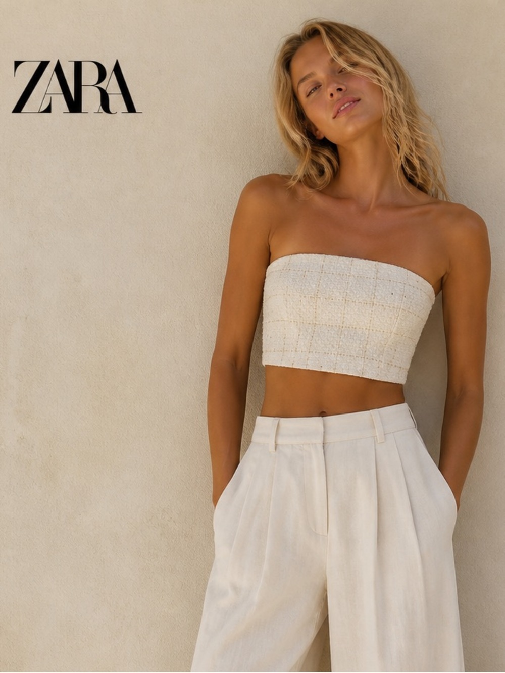 NWT Zara Tweed Bustier Corset Sweetheart Tube Top Small Cream Color